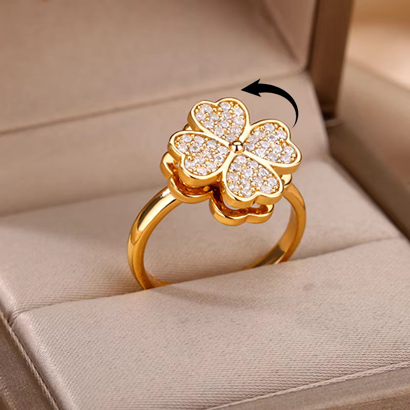 Spinner Zircon Heart Four Leaf Clover Rings for Women Stainless Steel anti Stress Anxiety Fidget Ring Jewelry Christmas Gift