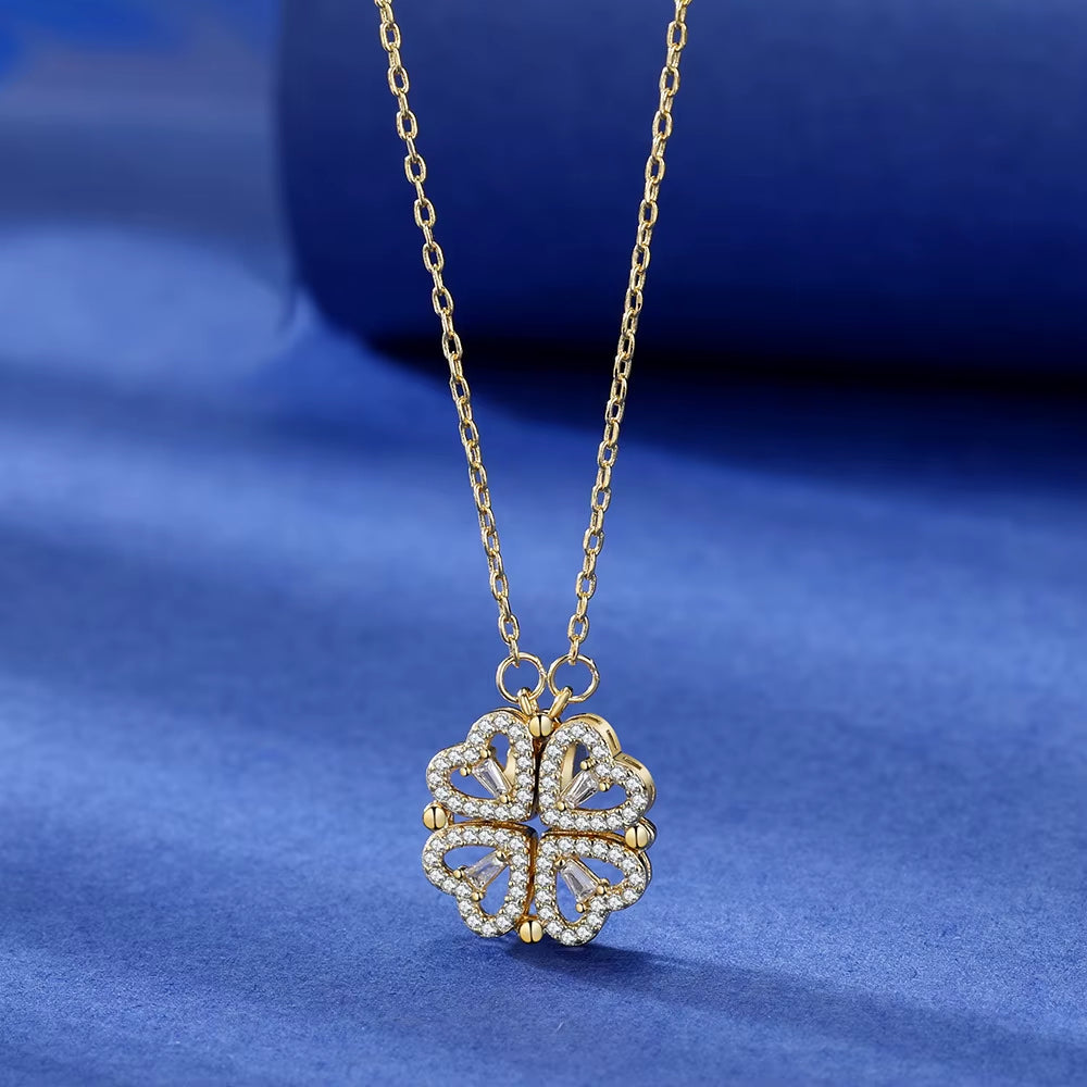 Transform Luxury Four Leaf Clover Pendant Necklace Stainless Steel Crystal Gold Color Heart Jewelry for Women Gift