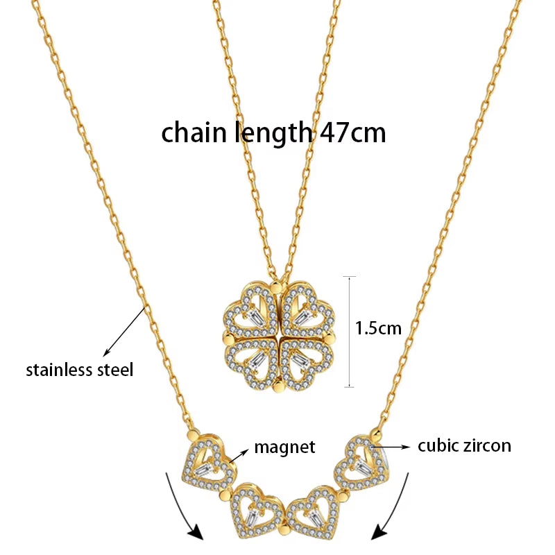 Transform Luxury Four Leaf Clover Pendant Necklace Stainless Steel Crystal Gold Color Heart Jewelry for Women Gift