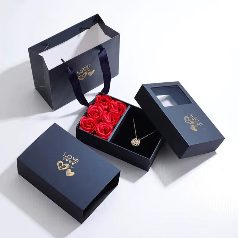 6 Rose Box Magnetic Folding Heart Four-Leaf Clover Pendant Necklace for Women Girlfriend Aesthetic Anniversary Valentines Gifts