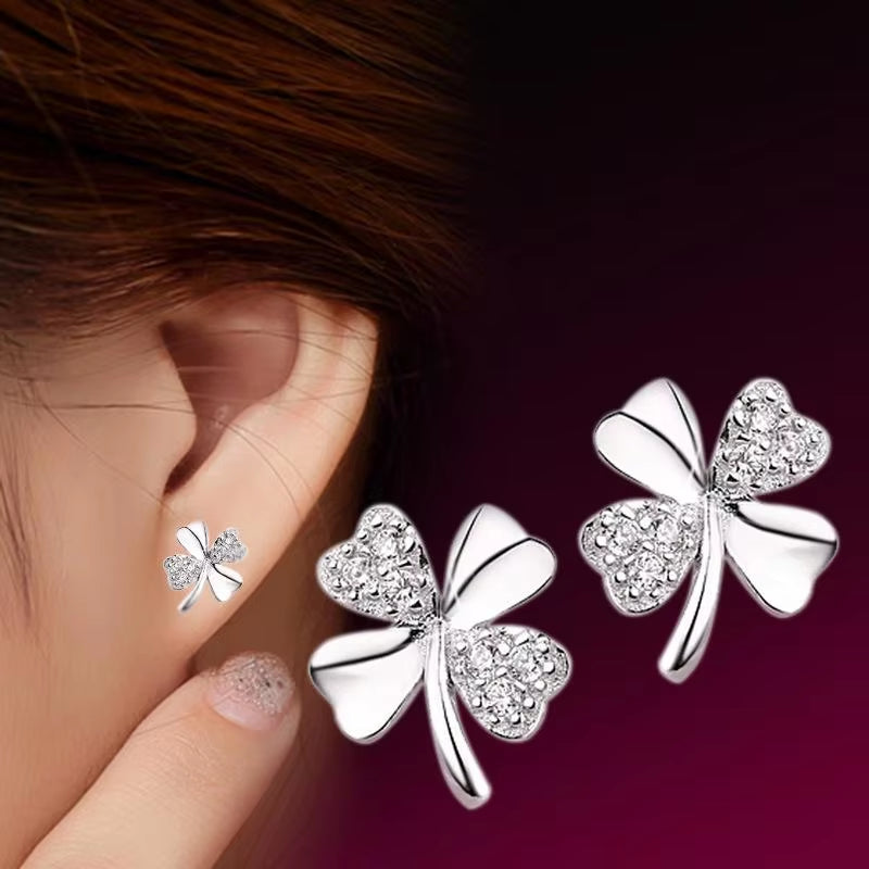 Stud Earrings Exquisite Four-Leaf Clover Zircon Stud Earrings for Women Silver Color Earring Earings Jewelry Earing Brincos Gift